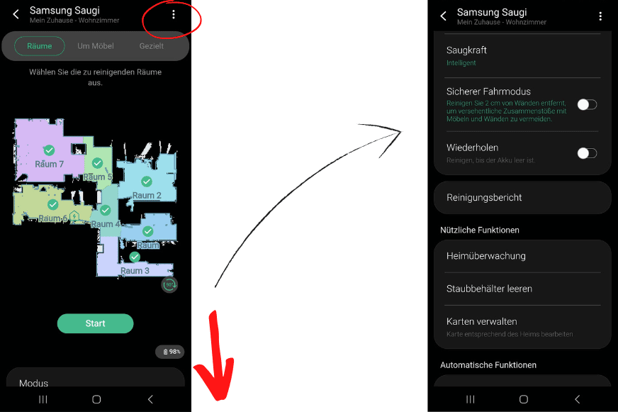 Startbildschirm der Samsung Jet Bot AI+ App ist zu sehen.